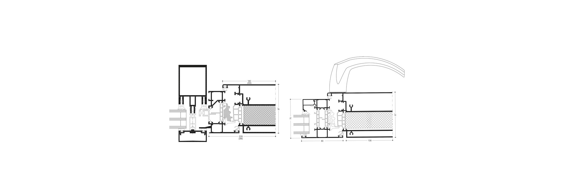 WICLINE 75 evo Lüftungsklappe 250 mit Einspannrahmen für Fassaden (links) / WICLINE 75 evo Lüftungsklappe 180 mit Fensterrahmen (rechts)
